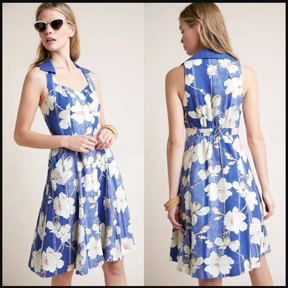 Anthropologie Camellia Dress 8 Blue Cream Floral Retro Button Church Summer - Picture 3 of 15